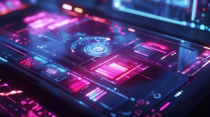 Futuristic Digital Interface Displaying Data with Neon Pink and Blue Lighting
