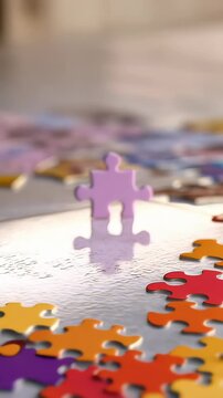 Close-up of a single pink puzzle piece standing upright on a tile surface with other colorful pieces scattered around.