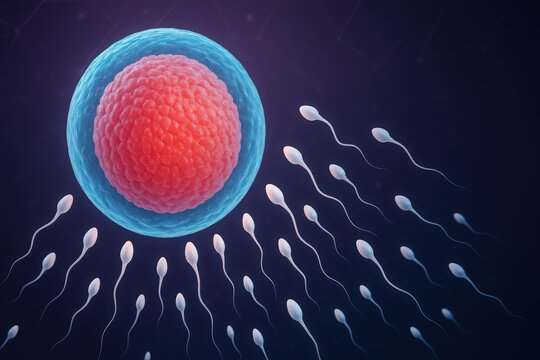 Illustration depicting human egg cell surrounded by numerous sperm cells swimming towards potential fertilization against a dark background.
