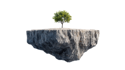 nature conservation concept A solitary tree atop a suspended rock formation. isolated on white background