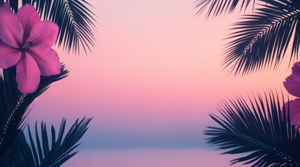 Fototapeta premium Serene Tropical Landscape with Vibrant Leaves and Beautiful Flowers Framing the Horizon