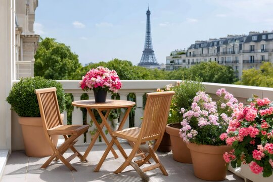 Parisian balcony overlooking Eiffel Tower with blooming flowers and wooden furniture