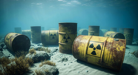 Rusty toxic waste barrels submerged underwater, symbolizing ocean pollution and radioactive contamination. A powerful environmental image highlighting marine ecosystem threats and industrial waste.
