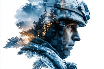 Double exposure of a soldier with camouflage and battlefield silhouette, military honor