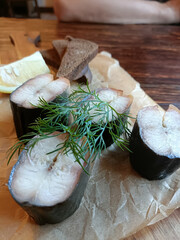 Russia, Kaliningrad, Baltic smoked eel on the plate in restaurant