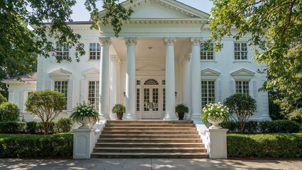 Obraz premium Elegant White Mansion with Pillars and Beautiful Landscaping 