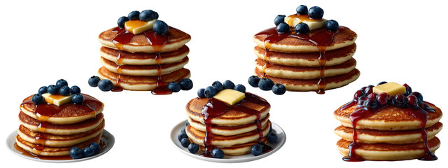 Blueberry pancakes with syrup and butter, isolated on transparent background

