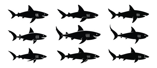 Nine Black Silhouettes of Sharks in Different Poses
