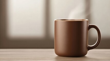 Fototapeta premium Warm brown coffee mug on wooden table with soft natural light, creating a cozy, inviting atmosphere.