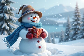 Obraz premium Happy snowman holding a gift in snowy winter landscape