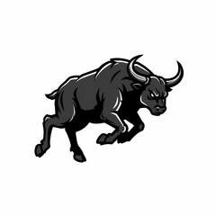 Fototapeta premium Charging Black Bull with Curved Horns on White Background