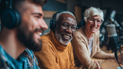 Diverse Podcast Recording Studio: Engaging Conversations and Interviews Among Happy, Smiling Friends