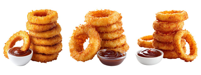 
Stacked crispy onion rings with sauce, isolated on transparent background