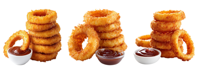 
Stacked crispy onion rings with sauce, isolated on transparent background