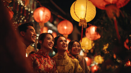 Fototapeta premium Chinese New Year Celebration: Vibrant Festivity with Colorful Lanterns and Smiling Faces in Traditional Cultural Attire