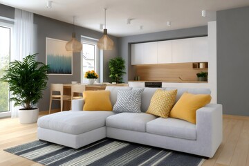 Modern living room with open kitchen featuring white sofa and yellow pillows