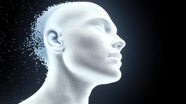 Abstract representation of a human face emerging from a digital matrix, symbolizing technology and creativity