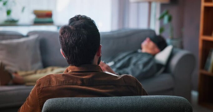 Man, talking and consulting psychologist for therapy, relax and hypnotherapy in office. Counselor, peace and help patient on sofa for calm with eye mask for insomnia, sleep paralysis or mental health