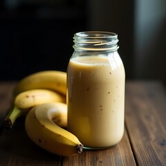 Banana Smoothie in Glass Jar with Fresh Bananas on Wooden Table