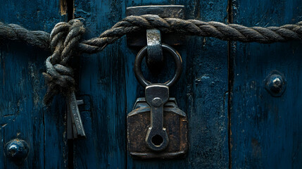 Close-up of a weathered metal pulley and rope against a textured blue surface.