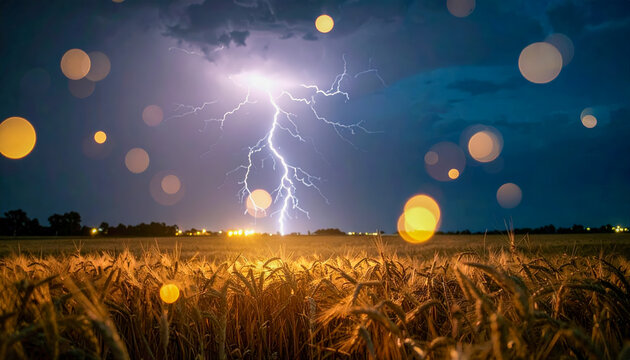 A field of wheat is lit up by a lightning bolt. The sky is dark and cloudy, and the lightning bolt is the only source of light in the scene