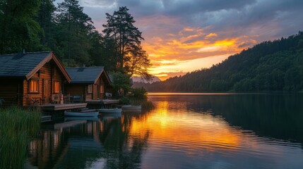 Fototapeta premium Sunset Serenity: Lakeside Cabins at Golden Hour