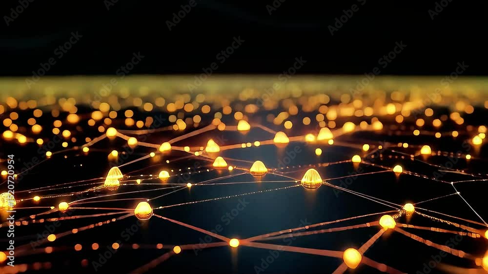 Poster Golden Network: Illuminated Nodes Flowing Across Dark Surface