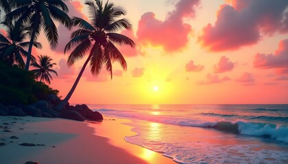 Sunset over a tranquil beach with palm trees and gentle waves along the shore