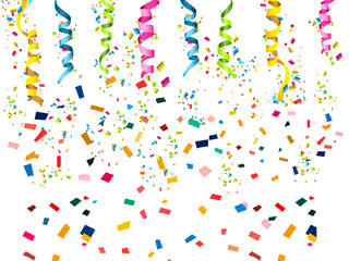 A vibrant background filled with colorful ribbons and scattered confetti, creating a festive and joyful illustration.
