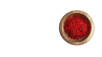 saffron thread in the wooden plate, isolated on the white background.