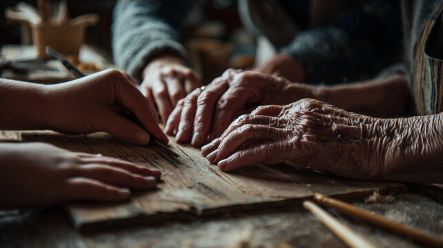 Elderly Artisan's Hands Teaching Woodworking Skills to Young Learners: A Heritage of Tradition and Craftsmanship