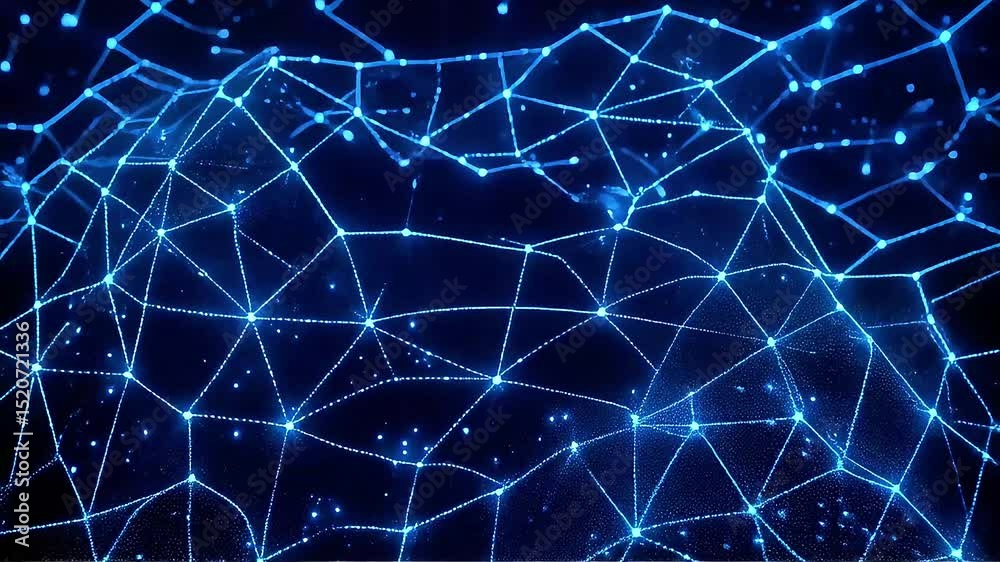 Poster abstract blue network: dynamic glowing nodes and connections