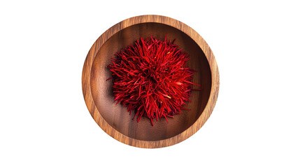 saffron thread in the wooden plate, isolated on the white background.