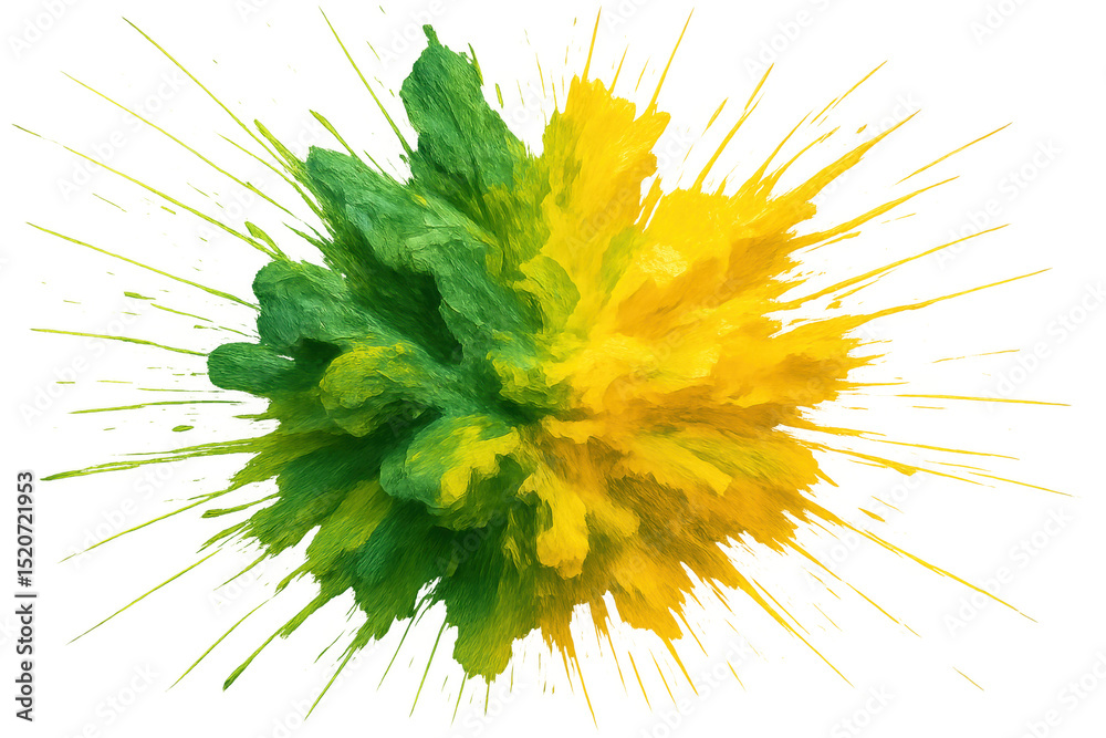 Poster green and yellow paint exploding on a transparent background, creating a vibrant and dynamic visual 