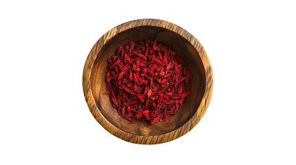 saffron thread in the wooden plate, isolated on the white background.