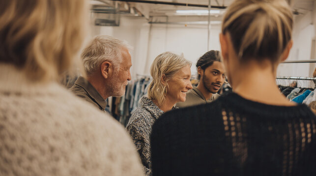 Modern Fashion Design Studio Team Planning: Diverse Group Engaged in Creative Conversation & Collaboration