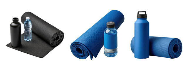 Yoga mat and water bottles set, isolated on transparent background

