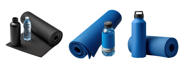 Yoga mat and water bottles set, isolated on transparent background

