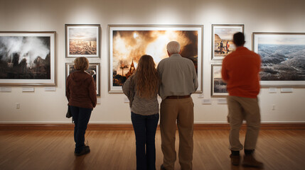 Fototapeta premium Contemporary Art Photography Exhibition: Diverse Audience Engaging in a Creative Cultural Experience at a Modern Art Gallery