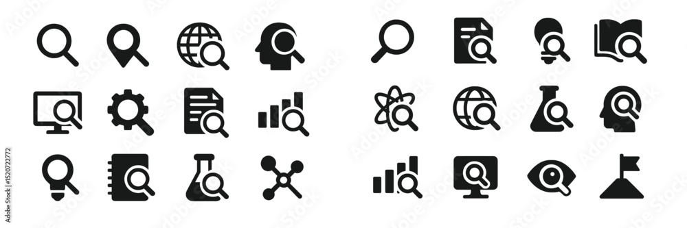 Poster collection of diverse search icons representing inquiry and exploration in various fields and format