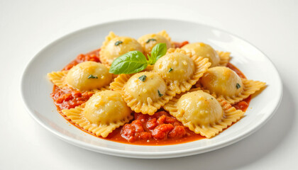 A plate of delicious cheese ravioli, bathed in a vibrant tomato sauce and garnished with fresh basil. A simple yet elegant Italian culinary delight.