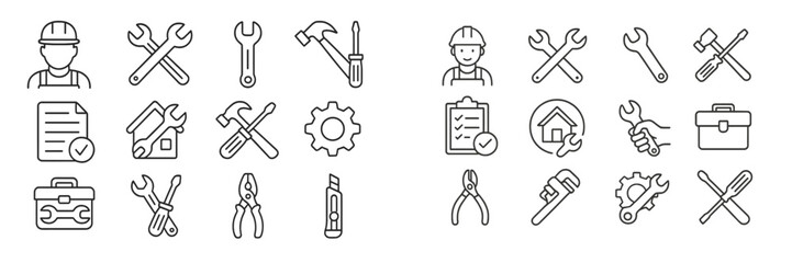 Collection of line art icons depicting various tools and occupations related to construction and maintenance work