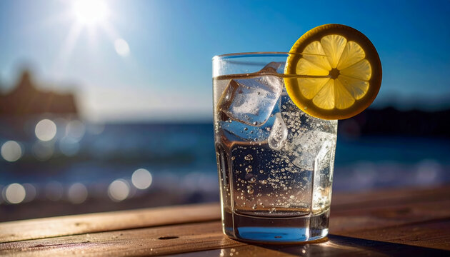 A glass of water with a lemon slice in it is sitting on a wooden table by the ocean