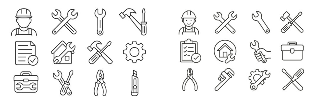 Collection of line art icons depicting various tools and occupations related to construction and maintenance work