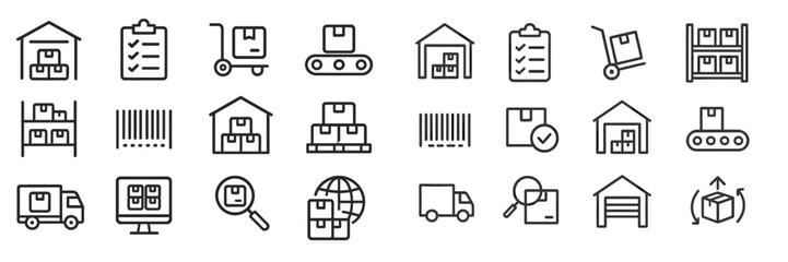 Icons representing logistics and inventory management in a warehouse setting during daylight hours