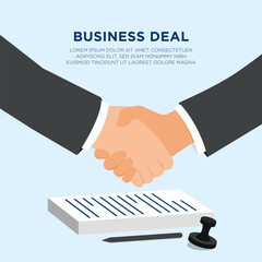 Business agreement handshake with documents on isolate background, vector design concept