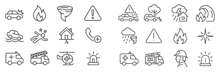 Fototapeta premium Emergency response symbols depicting various natural disasters and accident scenarios in a clear, simple design for educational purposes