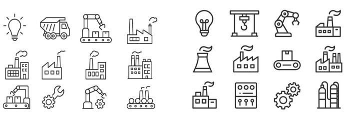 Icons representing industrial activities, factory processes, and machinery in a modern manufacturing environment