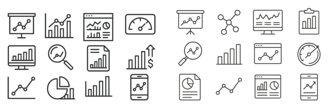 Collection of line art icons representing data analysis tools and graphs for visualizing statistics in modern business environments