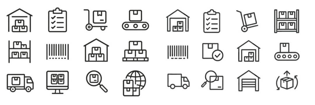 Icons representing logistics and inventory management in a warehouse setting during daylight hours
